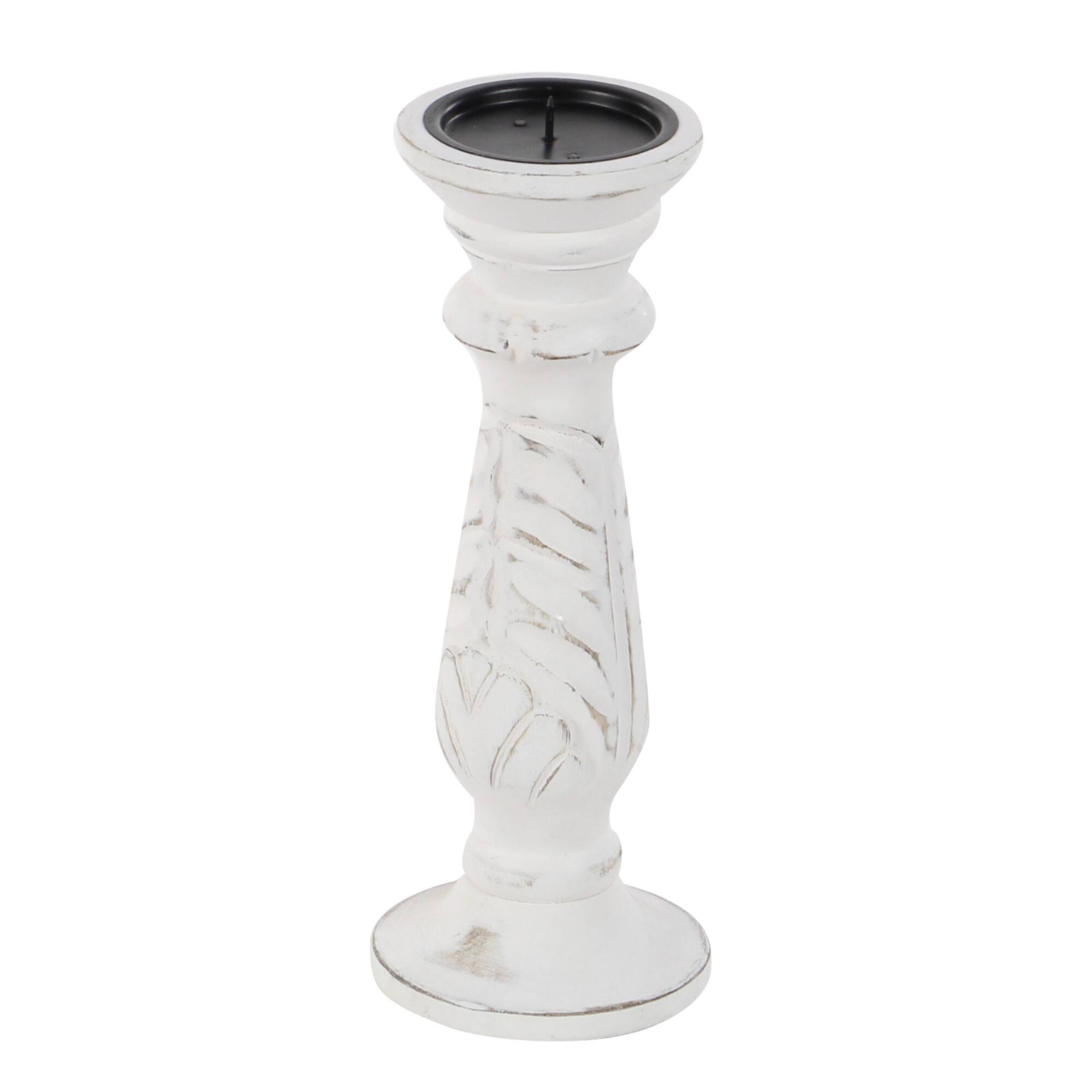 White Mango Wood Traditional Distressed Candle Holder Set